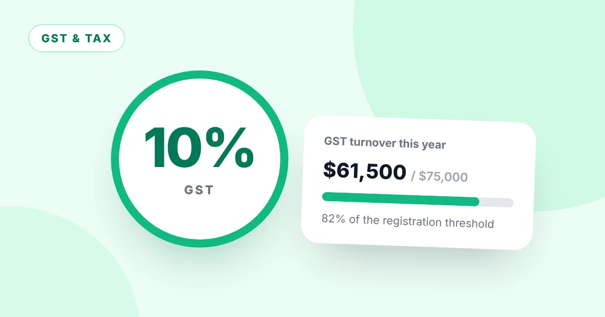 Illustration of a 10% GST badge and a turnover bar approaching the $75,000 threshold