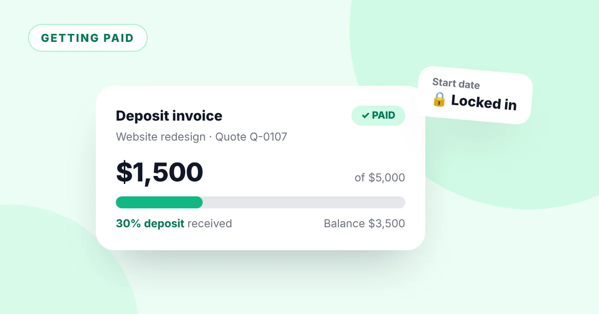 Illustration of a deposit invoice with a 30% deposit paid progress bar