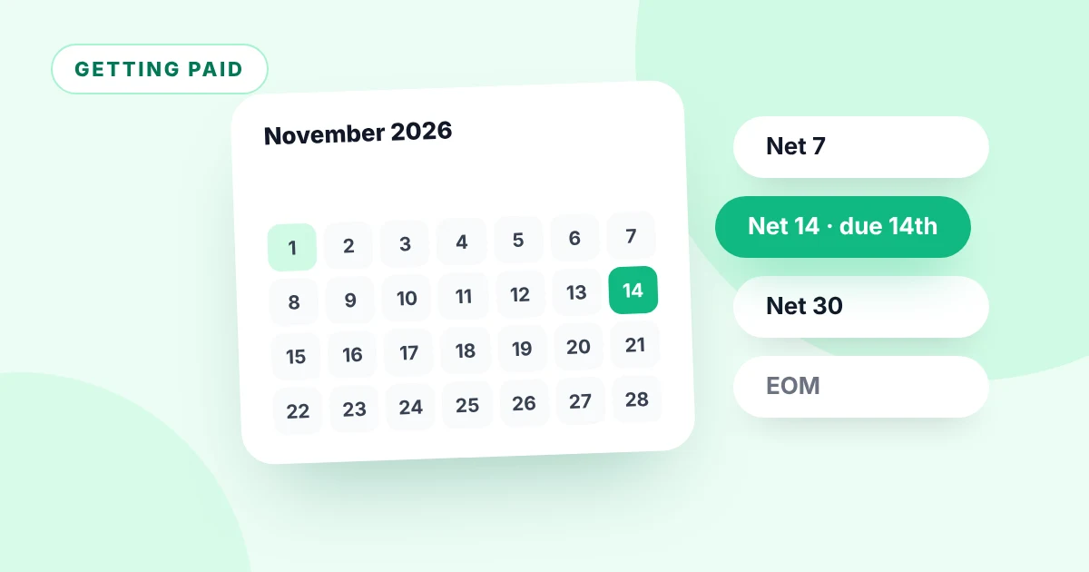 Illustration of a calendar with the payment due date marked and Net 7, 14 and 30 options