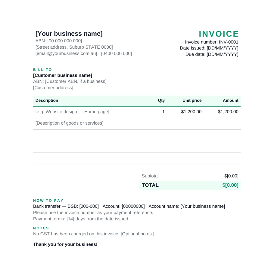 Preview of the invoice template (no gst)