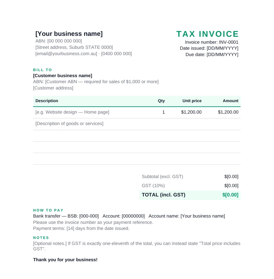 Preview of the tax invoice template